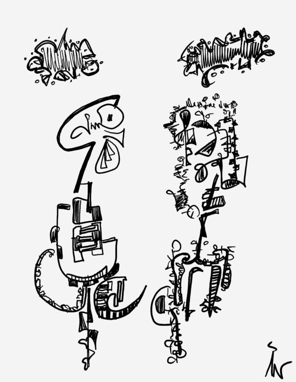 Abstract hand-drawn illustration of an angry couple in black and white