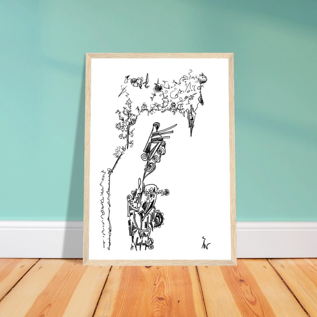 Abstract art poster of a man under a tree in wooden frame