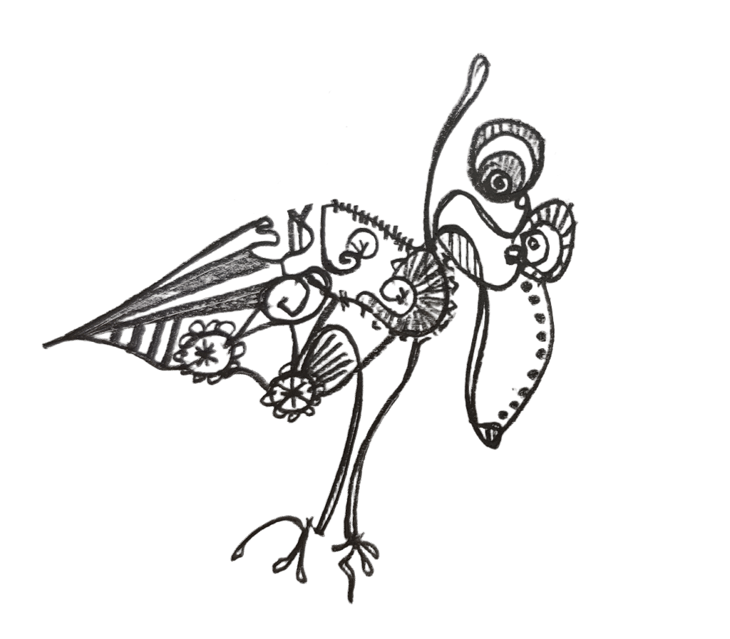 Abstract fantasy bird with long legs and a large beak in a minimal line-art style