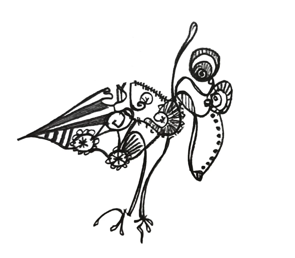 Abstract fantasy bird with long legs and a large beak in a minimal line-art style