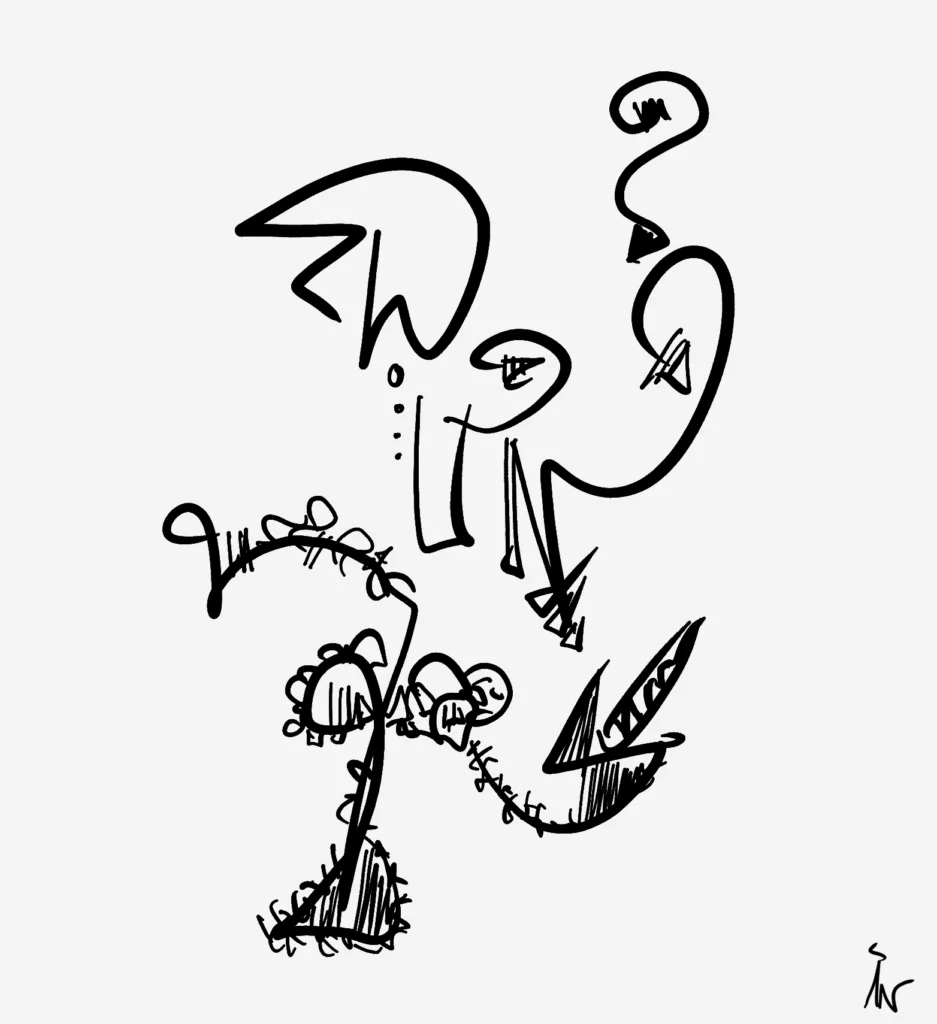 Abstract pensive face drawn with flowing lines and expressive detail