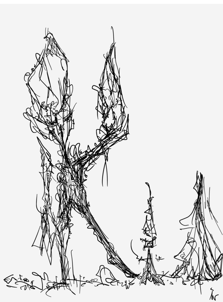 Abstract pyromaniac creature holding a flame above a forest, contemplating destruction