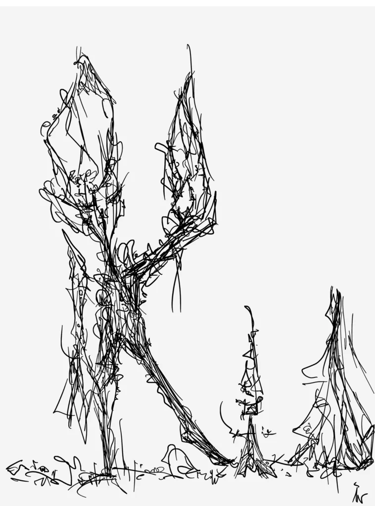 Abstract pyromaniac creature holding a flame above a forest, contemplating destruction