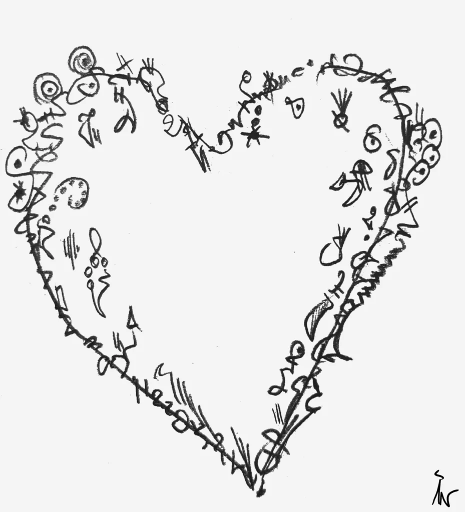 Abstract black scribbled heart drawing on light background