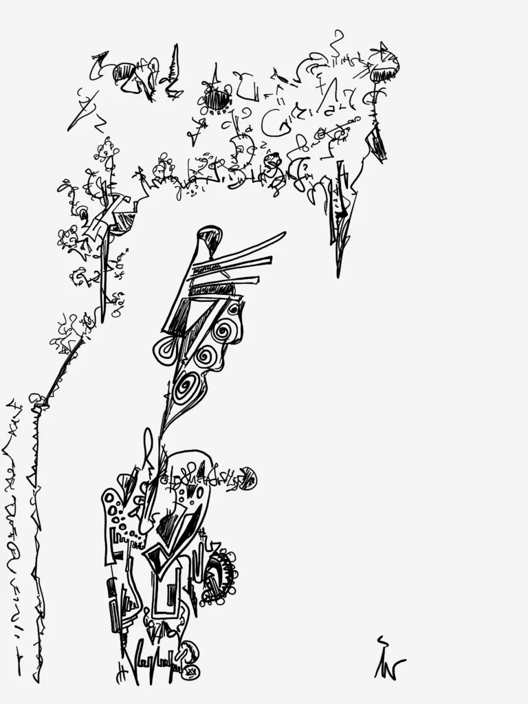 Abstract black and white line drawing of a man standing under a tree