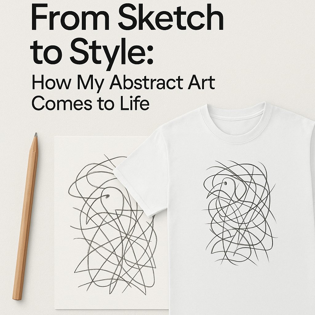 Abstract sketch on paper next to a printed t-shirt with the same design, showing the process of turning hand-drawn art into wearable fashion.